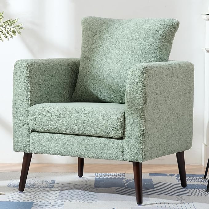 Barrel Accent Chair with Back Pillow, Large Teddy Upholstered Armchair with Solid Wood Legs Modern Reading Chairs for Living Room Bedroom-Ruum Studio Home