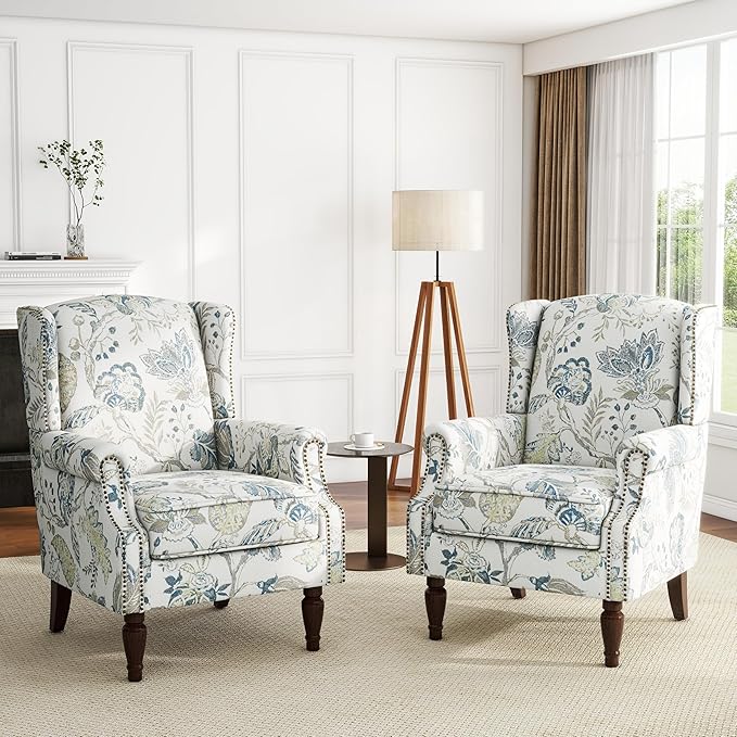UIXE High Back Floral Accent Chairs Set of 2, Upholstered Armchair in Fabric, Retro Printed Wingback Arm Chair for Living Room, Nailhead Trim Single Sofa Bedroom Reading Seat - Plants Blue-Ruum Studio Home