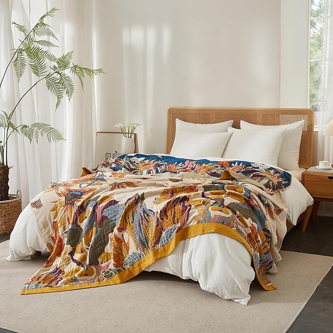 Boho Throw Blanket for Bed 90”x98”, 100% Cotton Woven Blanket for Couch Sofa, Ultra Soft 4-Layer Muslin Quilt with Vintage Floral Printed, Farmhouse Bed Blanket/Cover for Living Room Decor-Ruum Studio Home