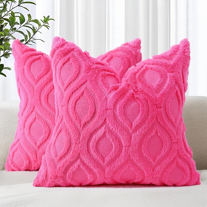 decorUhome Fall Throw Pillow Covers 26x26 Inch Set of 2, Soft Plush Decorative Faux Fur Hot Pink Solid Couch Pillow Covers, Accent Farmhouse Neutral Square Euro Pillow Cases for Sofa Bed Living Room-Ruum Studio Home