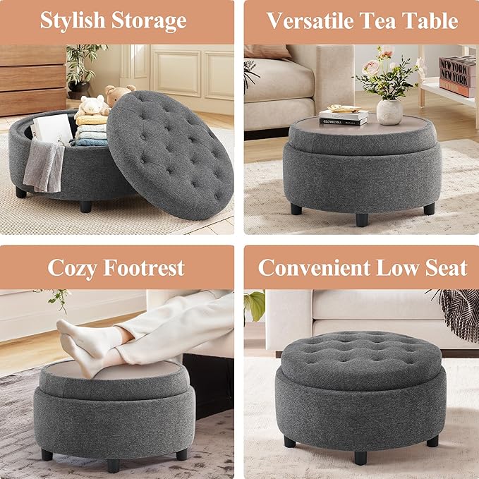 COLAMY Fabric Round Storage Ottoman with Reversible Tray Lid – Multi-Functional Footrest, Hidden Storage, Sturdy & Stylish Small Coffee Table for Living Room, Bedroom, or Entryway(Dark Grey)-Ruum Studio Home