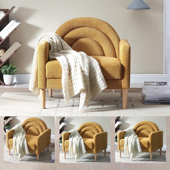 Accent Chair Reading Chair with Armrest, Small Comfy Chair for Small Spaces, Modern Linen Upholstered Armchair for Bedroom & Living Room, Single Sofa Chair with Wood Legs, Easy Assembly (Yellow)-Ruum Studio Home
