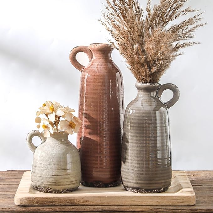 Ceramic Vases Set of 3, Neutral Rustic Farmhouse Vase with Handle, Decorative Flower Vases Home Decor Modern Boho Pampass Vase for Table Mantel Entryway Shelf Living Room Kitchen Bathroom - Brown-Ruum Studio Home