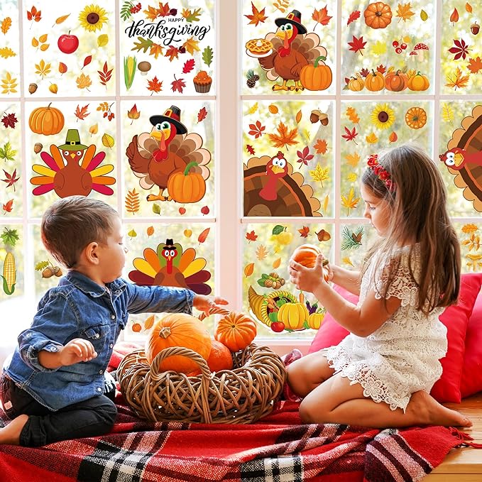 9 Sheets Thanksgiving Window Clings, 115PCS Thanksgiving Decorations Window Stickers, Turkey Decal Stickers with Cute Cones Nuts Maple Leaves Patterns for Fall Harvest Decorations Decor Accessories-Ruum Studio Home