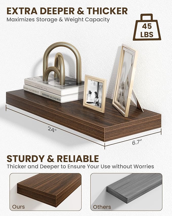 Marsmiles 24" Floating Shelves for Wall, Wooden Shelves with Invisible Brackets Set of 2, Rustic Farmhouse Wall Mounted Shelf for Kitchen Bathroom Living Room Study, Walnut-Ruum Studio Home