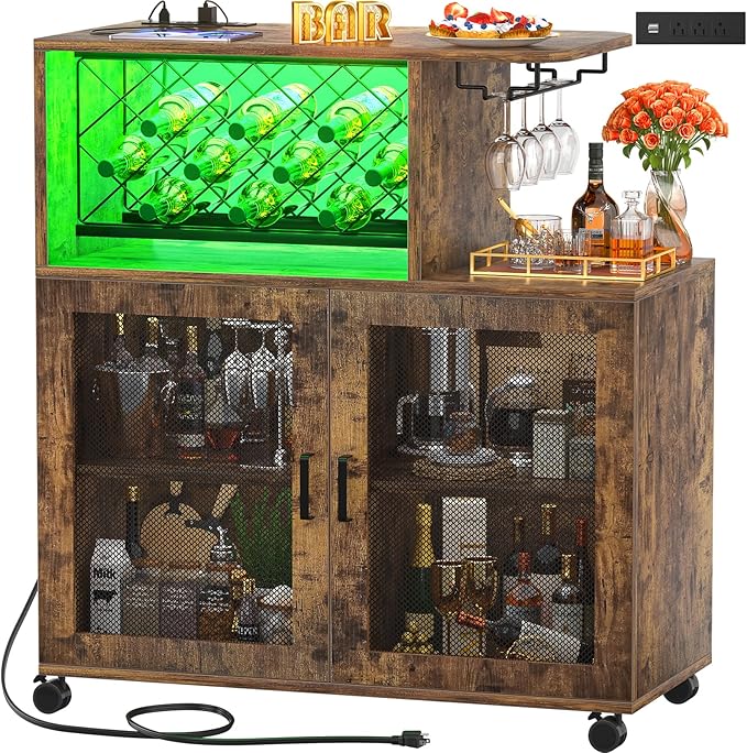 Wine Bar Cabinet with Wheels, Small Liquor Cabinet with LED Light, Home Bar Cart with Power Outlets, Coffee Bar with Wine Rack, Glasses Storage for Kitchen, Dining Room, Living Room, Vintage-Ruum Studio Home