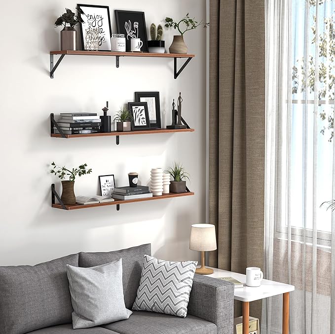 Heimlove Floating Shelves for Wall, 36 Inch Long Wood Floating Bookshelf Set of 3, Wall Mounted Hanging Shelf for Bathroom Bedroom Kitchen, Walnut-Ruum Studio Home