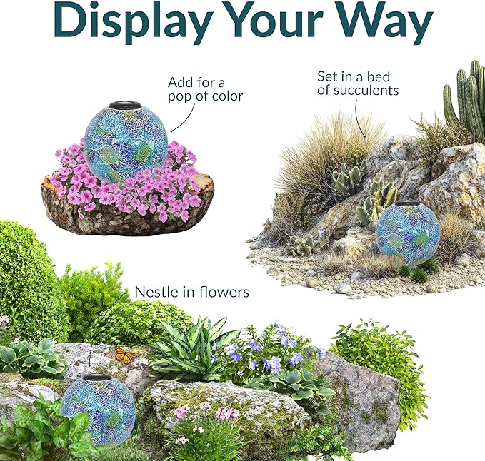 Sunnydaze Azul Terra 10" Crackled Glass Garden Gazing Globe with LED Solar Light - Set of 2-Ruum Studio Home