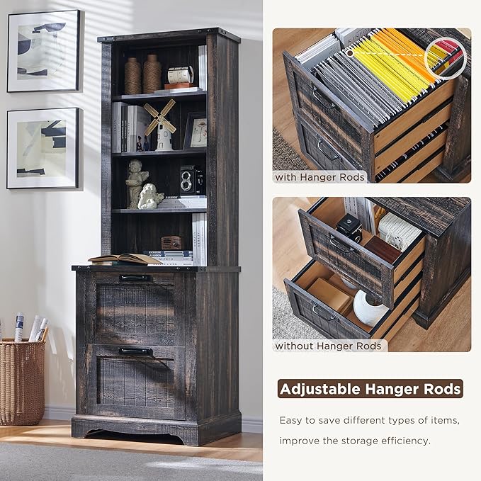 RedLemon Bookcase with 2 File Drawers, 72" Tall Farmhouse Bookshelf with Storage and Adjustable Shelves, 4 Tier Rustic Wood Bookshelf with Cabinet for Home Office, Living Room (Dark Rustic Oak)-Ruum Studio Home