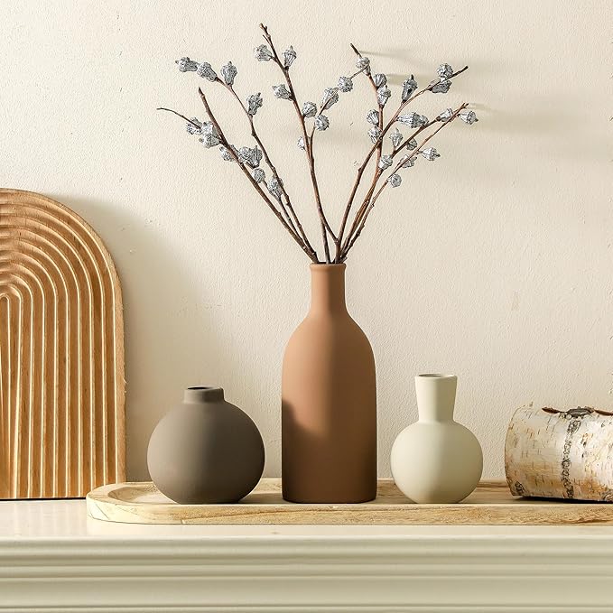 Vase Set of 3 | Ceramic Neutral Vases Home Decor | Rustic Flower Pottery Vases Modern Farmhouse Vase for Table Entryway Mantel Centerpiece Bookshelf Living Room Bathroom Bedroom -Brown Large-Ruum Studio Home