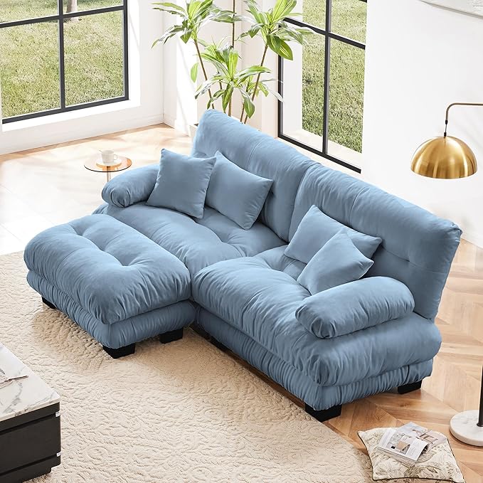 Modular Sectional Sofa, Comfy Cloud Couch Oversized Loveseat with Ottoman, Sectional Couches for Living Room, Modern Chenille L Shaped Couch, Sleeper Deep Seat Sofa with Throw Pillows, Blue-Ruum Studio Home