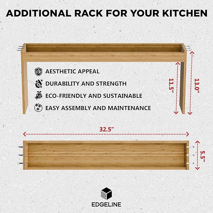 Edgecrest Bamboo Over The Stove or Sink Modern Spice Shelf, No Annoying Middle Screw, 31.5” Wide Storage, 11.4” High Countertop Shelf, 6 Side Hooks, Easy to Assemble, Eco-Friendly Durable Material-Ruum Studio Home