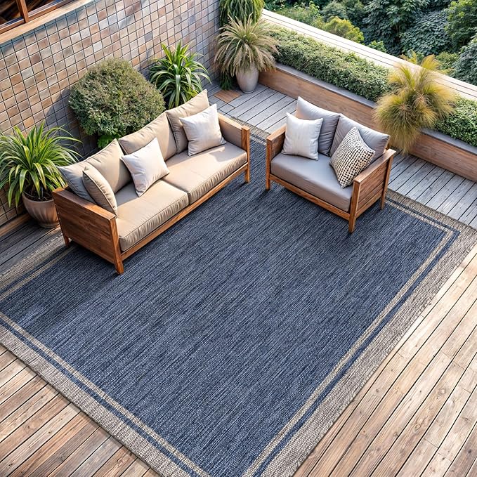 CAMILSON Indoor Outdoor Rug, 10x14 Bordered Navy Blue Gray Modern Large Area Rugs for Indoor and Outdoor Patios, Porches Waterproof Washable Porch Deck Outside Carpet (Bordered Navy, 10 x 14)-Ruum Studio Home
