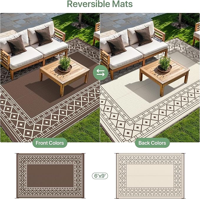 GENIMO Outdoor Rug Waterproof for Patio Decor, 6'x9' Foldable Reversible Plastic Straw Carpet for Travel Trailers, Outside Area Mat for Rv, Deck, Picnic, Porch, Camper, Balcony, Beach, Coffee & Beige-Ruum Studio Home