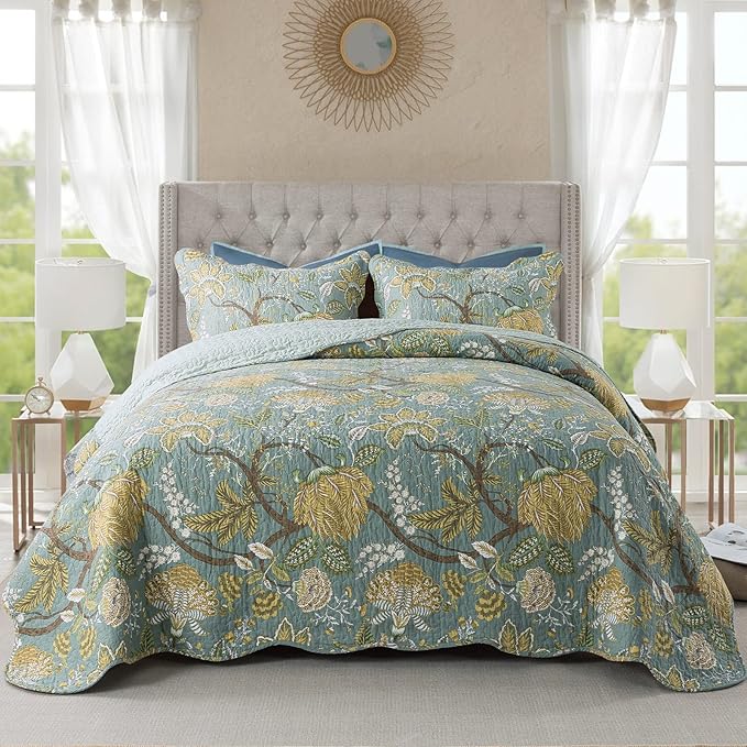 NEWLAKE Cotton Bedspread Quilt Sets-Reversible Patchwork Coverlet Set, Green Floral Pattern, King Size-Ruum Studio Home