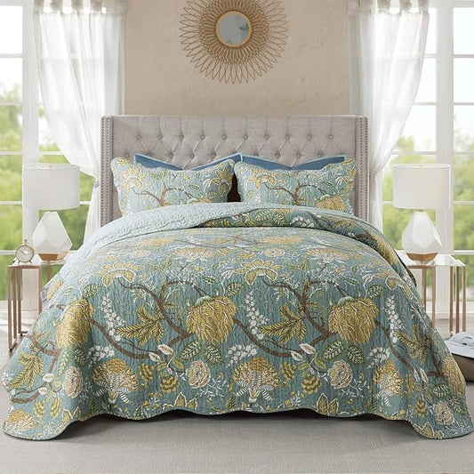 NEWLAKE Cotton Bedspread Quilt Sets-Reversible Patchwork Coverlet Set, Green Floral Pattern, Queen Size-Ruum Studio Home