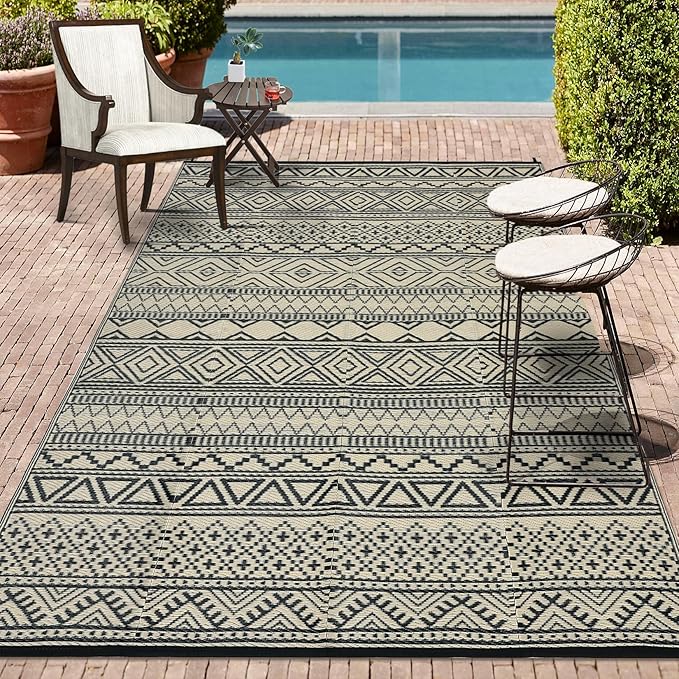 GAOMON Outdoor Rug 9'x12' Waterproof Rug for Patio Decor, Foldable Reversible Plastic Straw Area Rugs Mat for Camper, Outside Carpet for Deck, Porch, Picnic, Beach, Black/Coffee(Bohemia)-Ruum Studio Home