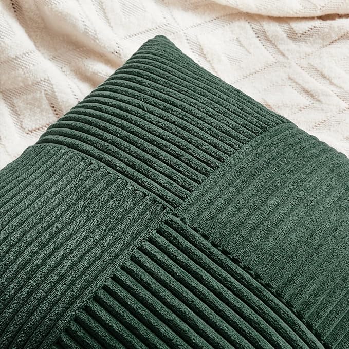 Fancy Homi Set of 2 Dark Green Samll Decorative Throw Pillow Covers 14x14 Inch for Living Room Couch Bed, Boho Farmhouse Forest Green Home Decor, Soft Corss Corduroy Patchwork Textured Cushion Case-Ruum Studio Home