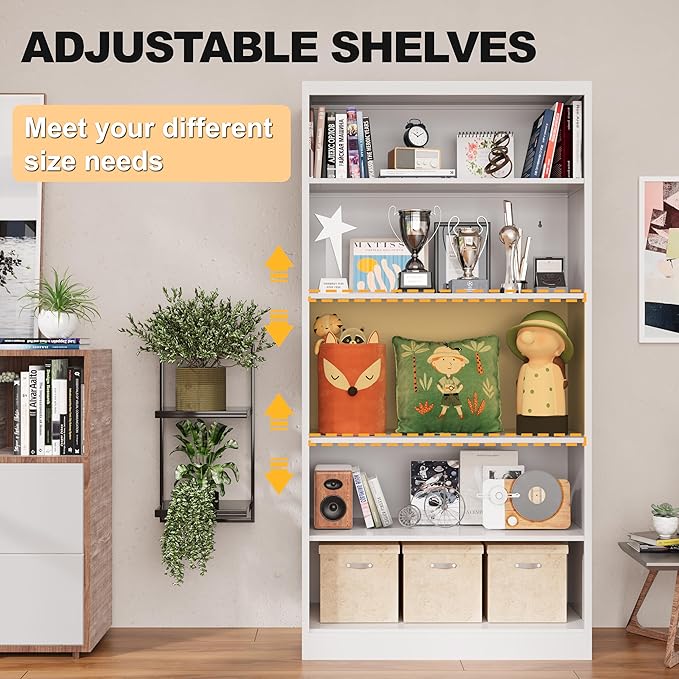 66" Tall Metal Bookcase, 5 Shelf White Bookcase with Adjustable Shelves, Large Bookshelves and Bookcases, Modern Book Shelf Storage Organizer for Living Room, Home Office, Library-Ruum Studio Home