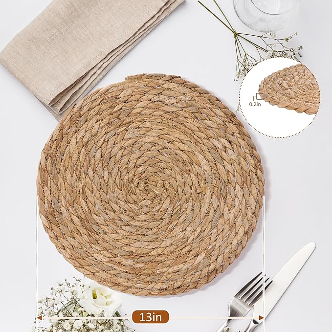 Defined Deco Woven Placemats Set of 10, 13" Round Rattan Placemats,Natural Hand-Woven Water Hyacinth, Farmhouse Weave Place Mats, Rustic Braided Wicker Table Mats for Dining Table, Home, Wedding-Ruum Studio Home