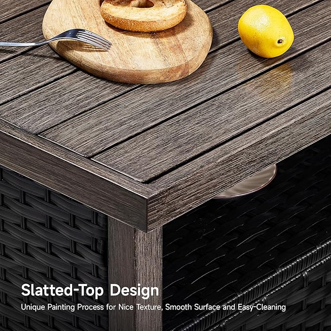 Outdoor Storage Cabinet, Woven Rattan Bar Table with 2 Doors, Slatted-Top, Wicker Console Table for Patio, Garden, Backyard, Kitchen - Black-Ruum Studio Home