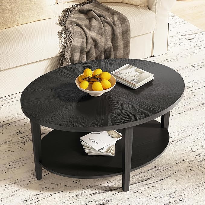 Solid Wood Oval Coffee Table for Living Room, 2 Tier Oval Rustic Coffee Table with Storage Shelf, Double Layer Center Table for Living Room, Easy Assembly-Ruum Studio Home