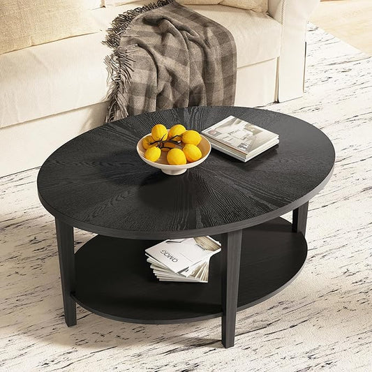 Solid Wood Oval Coffee Table for Living Room, 2 Tier Oval Rustic Coffee Table with Storage Shelf, Double Layer Center Table for Living Room, Easy Assembly-Ruum Studio Home
