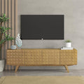 NTC Sapa Mid-Century Modern Solid Wood TV Stand 4-Door Media Console with Carved Geometric Fronts for TVs up to 75", Effortless Assembly, Sand-Ruum Studio Home