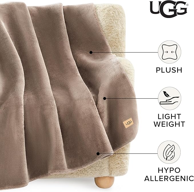 UGG Whitecap Plush Throw Blanket Fleece Lightweight Soft Throw for Couch or Bed Luxury Home Decor for Living Room Washable Hypoallergenic Blankets for Dorm Decor, 50-inch x 70-inch, Light Fawn Brown-Ruum Studio Home