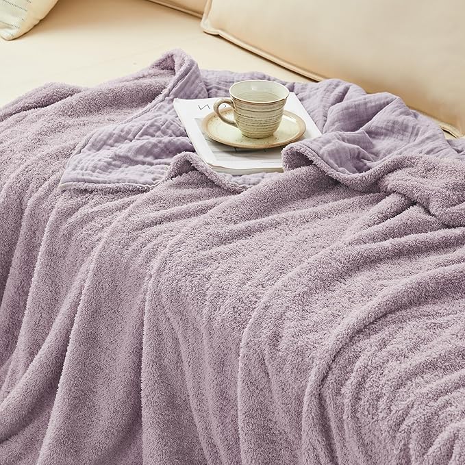 EMME Muslin and Fleece Throw Blanket Reversible - 50"*60" Lavender Soft Warm Throw Blankets for Couch Bed Picnic Travel Bed-Ruum Studio Home