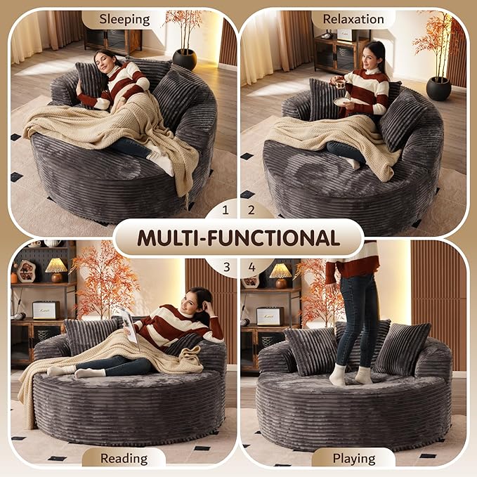 ovios 58" Oversized Round Chair Lounge Chaise Indoor, No Assembly Required, Cloud Large Circle Chair with Plush Fuax Fur, Fluffy Modern Sleeper Sofa Bed for Reading Yoga, Grey (Plush Corduroy Fabric)-Ruum Studio Home