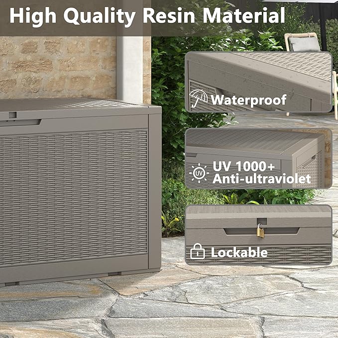 100 Gallon Deck Box Lockable Rattan Outdoor Storage Box waterproof Outdoor Container for Patio Furniture Cushions, Pillow-Ruum Studio Home