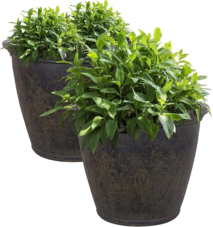 Sunnydaze 24-Inch Anjelica Large Plastic Pot for Plants - Outdoor Polyresin Round Planter with Drillable Drainage Holes - Sable - 2pk-Ruum Studio Home