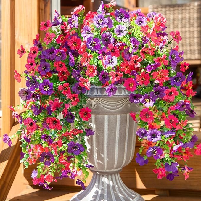 Artificial Faux Hanging Flowers Plants for Spring Outdoor Outside Decoration, 2 PCS Fake Silk Daisy with Eucalyptus UV Resistant Realistic Trailing Vines for Balcony Patio Porch (Darkpurple+Hotpink)-Ruum Studio Home