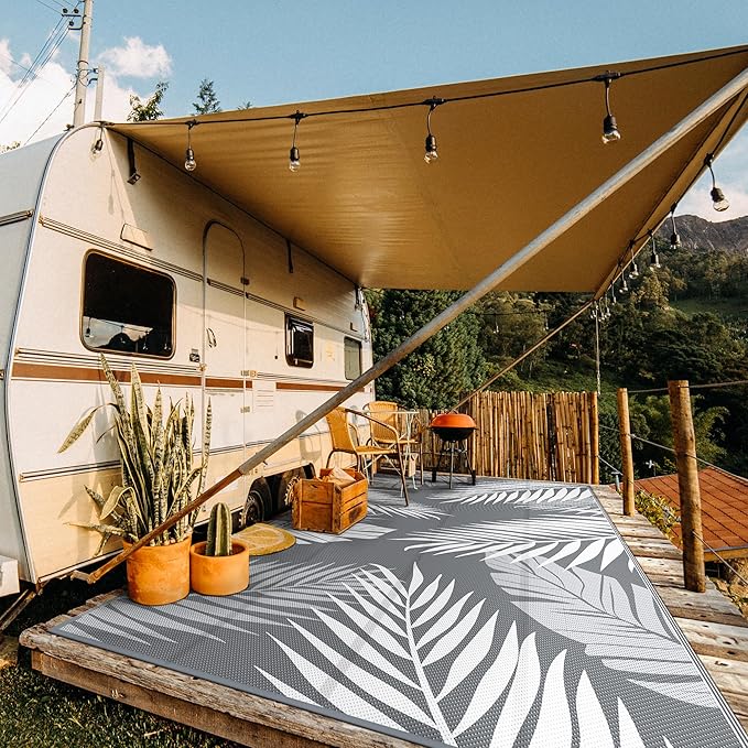 GENIMO Outdoor Rug 10' x 20' Waterproof for Patios Clearance, Reversible Outdoor Plastic Straw Camping Rug Carpet, Large Area Rugs Mats for RV, Camper, Deck, Balcony, Porch, Beach, Picnic, Grey&White-Ruum Studio Home