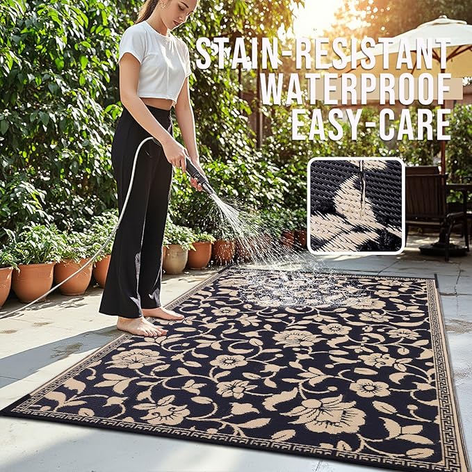 OLANLY Waterproof Outdoor Rug 8x10 ft, Outdoor Plastic Straw Rug with Flower Pattern, Reversible RV Mat for Patio, Camping, Balcony, Deck, Backyard, Black & Beige-Ruum Studio Home