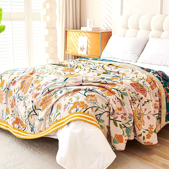 Boho Throw Blanket, 100% Organic Cotton Breathable Ultra Soft 80" x 90" Bed Quilt Throw - All Season Floral Rustic Farmhouse Decor Luxury Reversible Blanket for Sofa Couch Chair and Gift-Ruum Studio Home