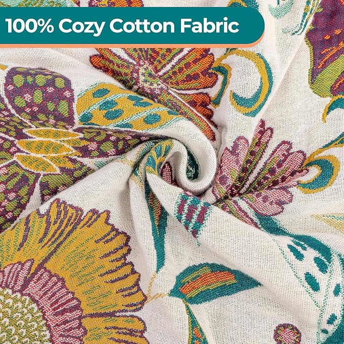 Boho Rustic Throw Blanket,100% Cotton Soft Vintage Bed Throw Blankets Floral Farmhouse Decor Throws,Reversible Throw for Sofa Couch, 60"×80" for All Seasons -White-Ruum Studio Home