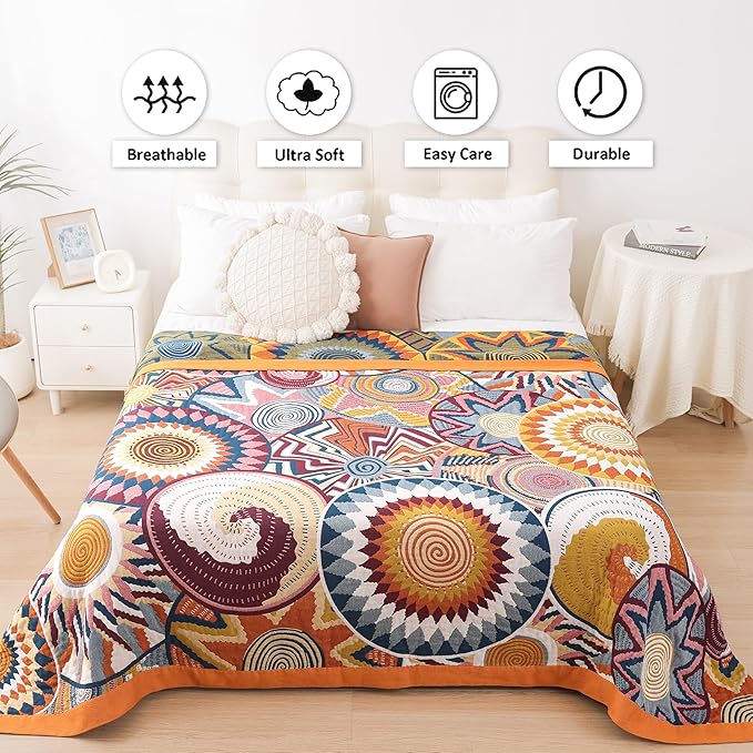 Boho Throw Blanket, 100% Organic Muslin Cotton Breathable Ultra Soft Bed Quilt Throw - All Season Floral Bird Butterfly Farmhouse Decor Blanket for Sofa Couch Chair and Gift. 60" x 80"-Ruum Studio Home