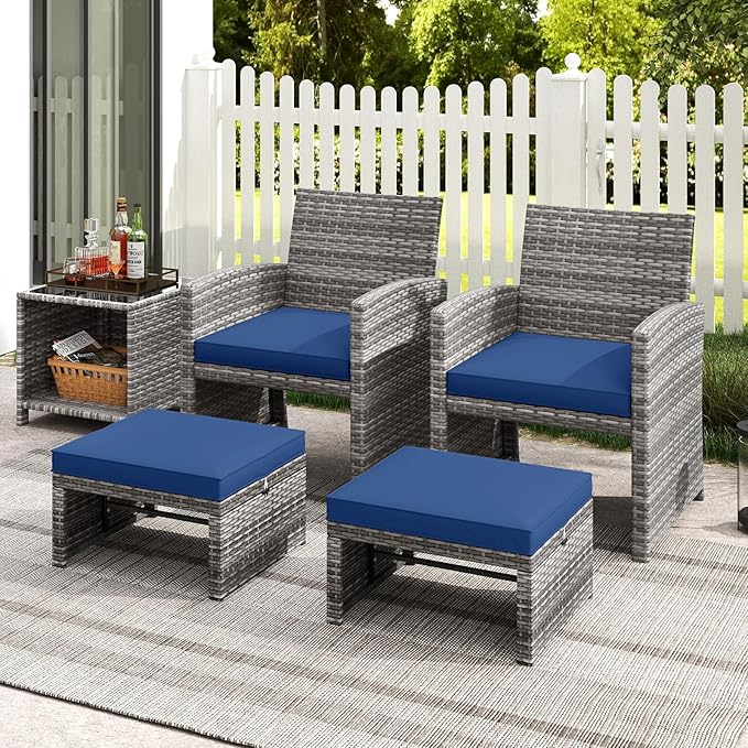 Tangkula 2 Pieces Patio PE Rattan Ottomans, Multipurpose Outdoor Footstool Footrest Additional Seating Side Table with Soft Zippered Cushions for Deck, Garden, and Yard (Navy Blue)-Ruum Studio Home