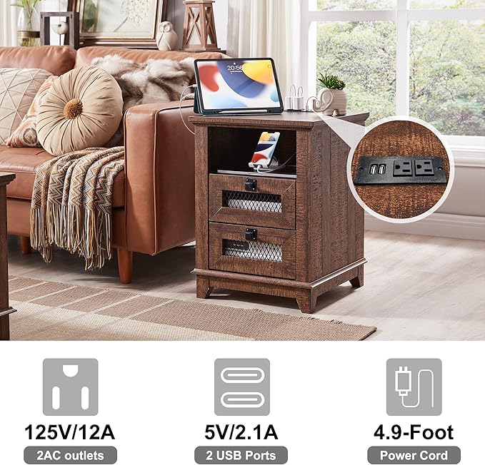 Nightstand with Charging Station,OKD 18'' Industrial & Farmhouse End Table with 2 Drawers &Open Cubby, Rustic Mesh Drawer Sofa Side Table w/Storage for Bedroom, Living Room, Office, Reclaimed Barnwood-Ruum Studio Home