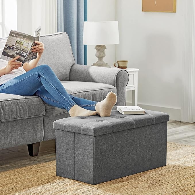 SONGMICS Mazie Collection - 30 Inches Ottoman Storage Bench, 21 Gal. Folding Chest with Breathable Linen-Look Fabric, Load up to 660 lb, for Entryway, Living Room, Bedroom, Dark Gray ULSF001G01-Ruum Studio Home