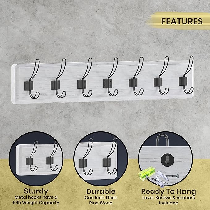 HBCY Creations Whitewash Solid Wood Wall Mounted Coat Rack with Shelf, 7 Hooks, 34" Long - Kitchen, Mudroom, Entryway, Bathroom - Includes Mounting Hardware, Coat Hanger, Dog Leash Hooks, Towel Rack-Ruum Studio Home