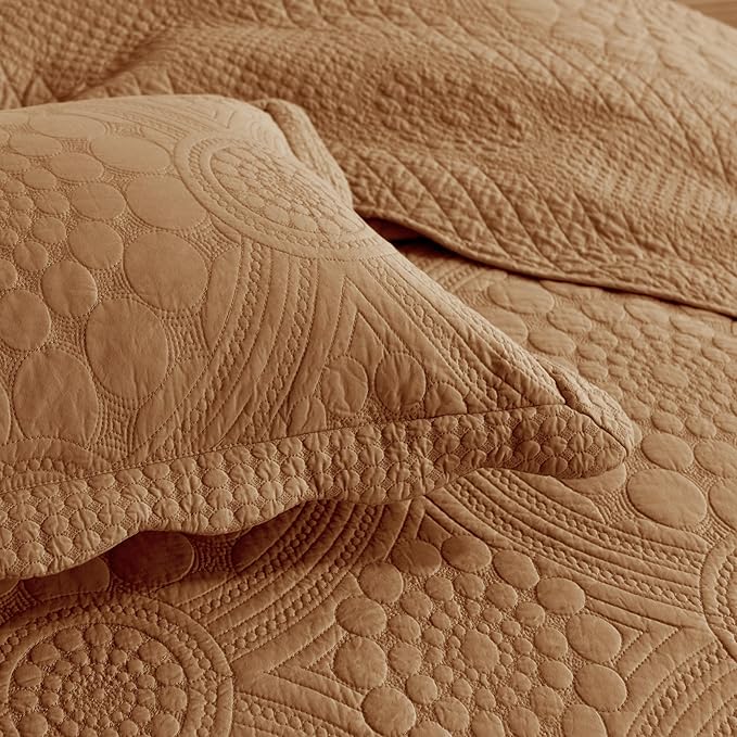 MarCielo 3-Piece 100% Cotton Oversized Bedspread Lightweight Quilt Coverlet Embroidery Farmhouse Bedding Set (Tf Dusty Orange, Oversized Queen (100"x106"))-Ruum Studio Home