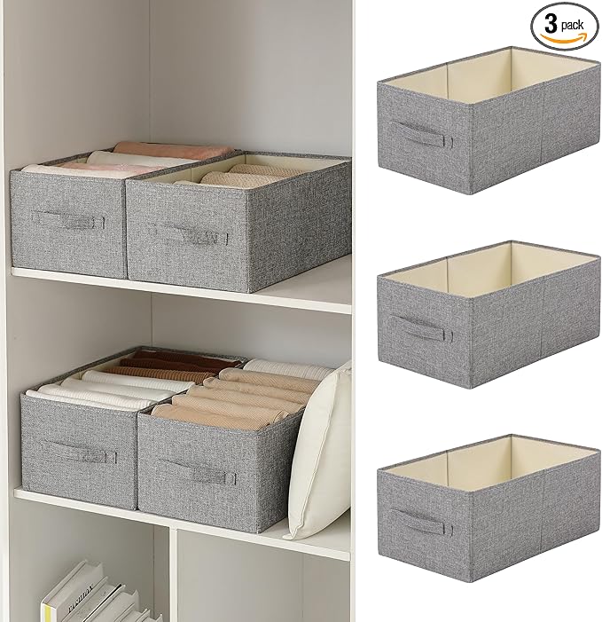 Linen Folding Storage Bins, 3 Pack Large Storage Baskets, Washable, Clothing Storage Bins with Handle, Closet Organizer for Storage Sweater,Sheets(dark grey, 18½"x11" x8½")-Ruum Studio Home
