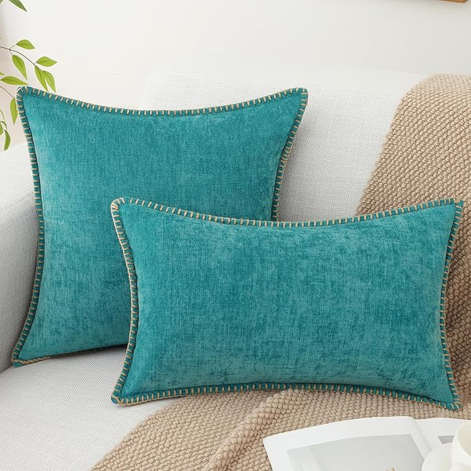 decorUhome Chenille Soft Throw Pillow Covers 16x16 Set of 2, Farmhouse Velvet Neutral Decorative Euro Pillow Covers with Stitched Edge for Couch Sofa Bed Home Decor, Turquoise-Ruum Studio Home