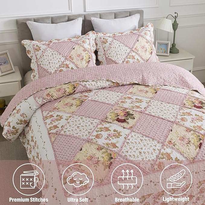 NEWLAKE Quilt Set Queen Size, Bedspread Sets Pink Botanical Floral, Reversible Quilt Bedding Set Lightweight and Breathable for All Seasons, Soft Quilted Bedspread with 2 Pillow Shams-Ruum Studio Home