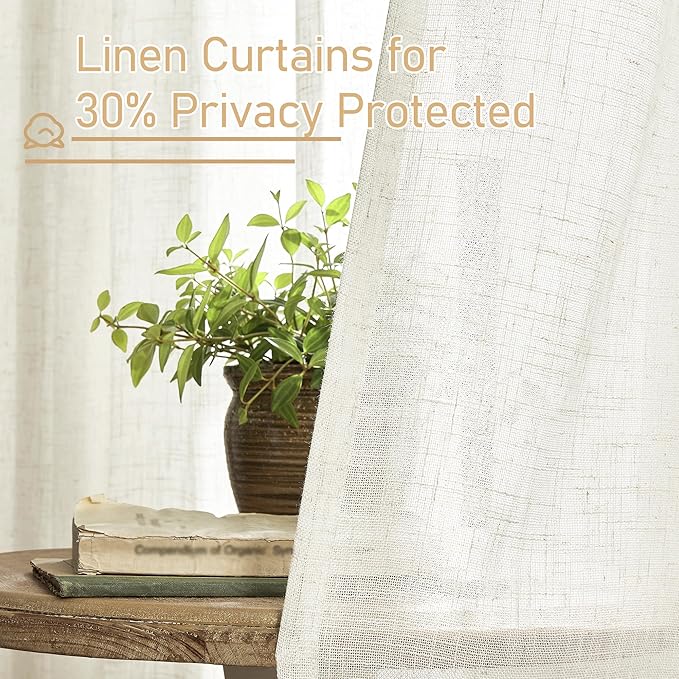 LAMIT Linen Semi Sheer Curtains 63 Inch Length, Light Filtering Neutral Window Bedroom Curtains Farmhouse Boho Bronze Grommet Drapes for Kitchen/Living Room, Cream, 2 Panels, 34 x 63 Inch-Ruum Studio Home