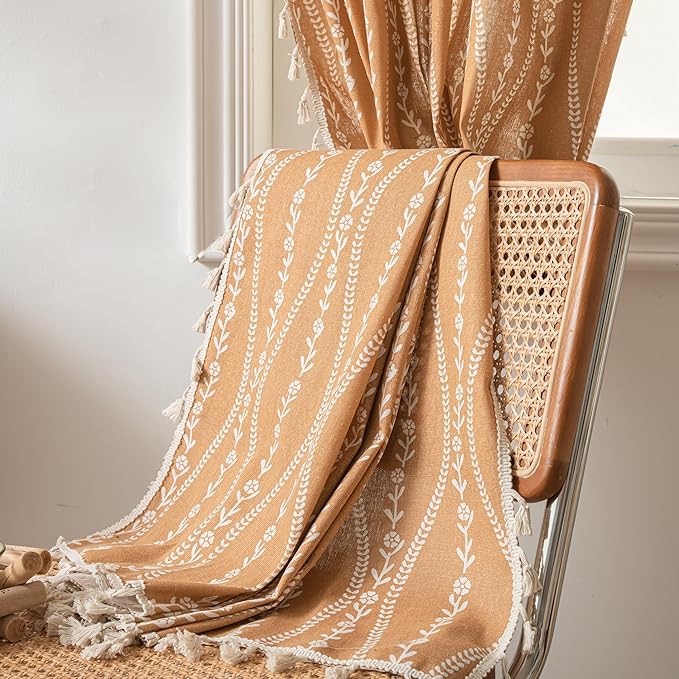 Sutuo Home Boho Curtains 84 Inches Length for Bedroom Living Room, Printed Cotton Linen Rod Pocket Rustic Farmhouse Bohemian Tassels Window Treatment, 1 Panel 59" W x 84" L, Terracotta Stripe Florals-Ruum Studio Home