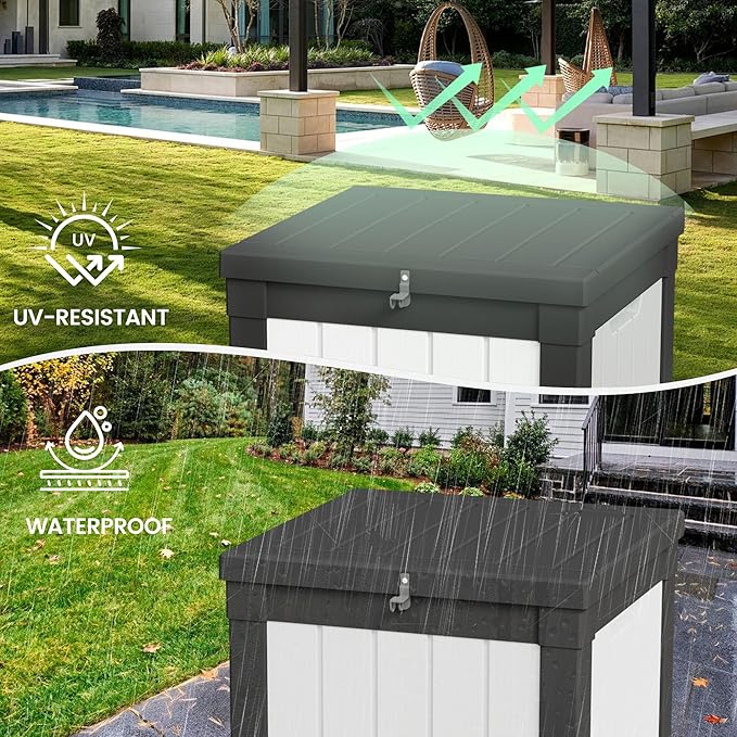 50 Gallon Storage Box, Waterproof Deck Box for Indoor & Outdoor Use, Lockable Pool Storage Bin for Package Delivery, Outdoor Bench for Patio Cushions, Garden Tools, Backyard, Black & White-Ruum Studio Home